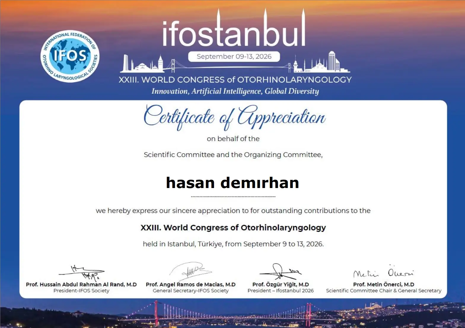 Certificate of Attendance for the XXIII World Congress of Otorhinolaryngology, Istanbul 2026