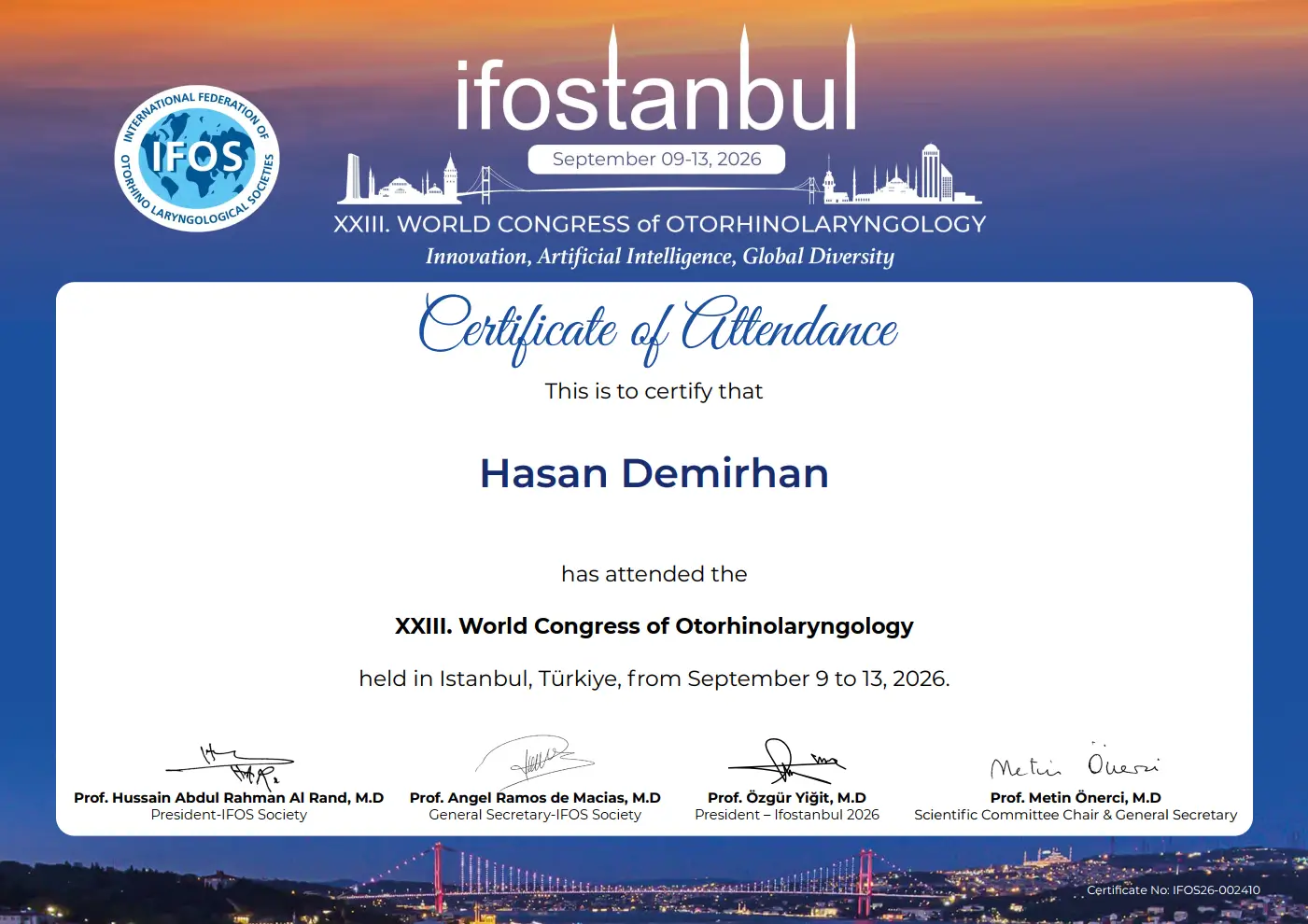 Certificate of Appreciation for contributions to the XXIII World Congress of Otorhinolaryngology